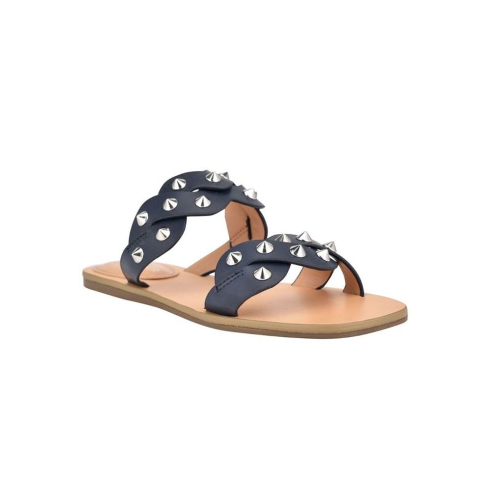 MARC FISHER Womens Navy Woven Bodil Square Toe Slip On Slide Sandals Shoes 7.5 M